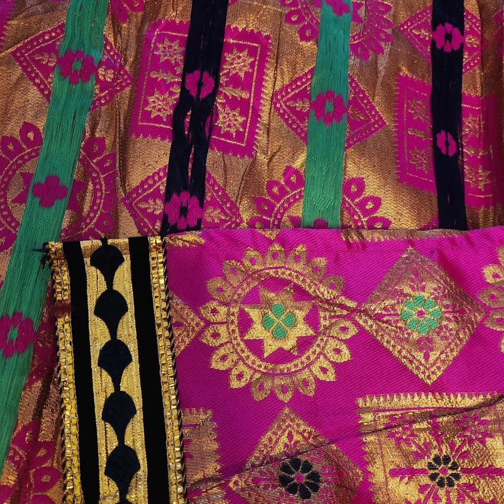 Ornate Tapestry Fabric Panel Gold Pink Green Geometric Medallion Trim